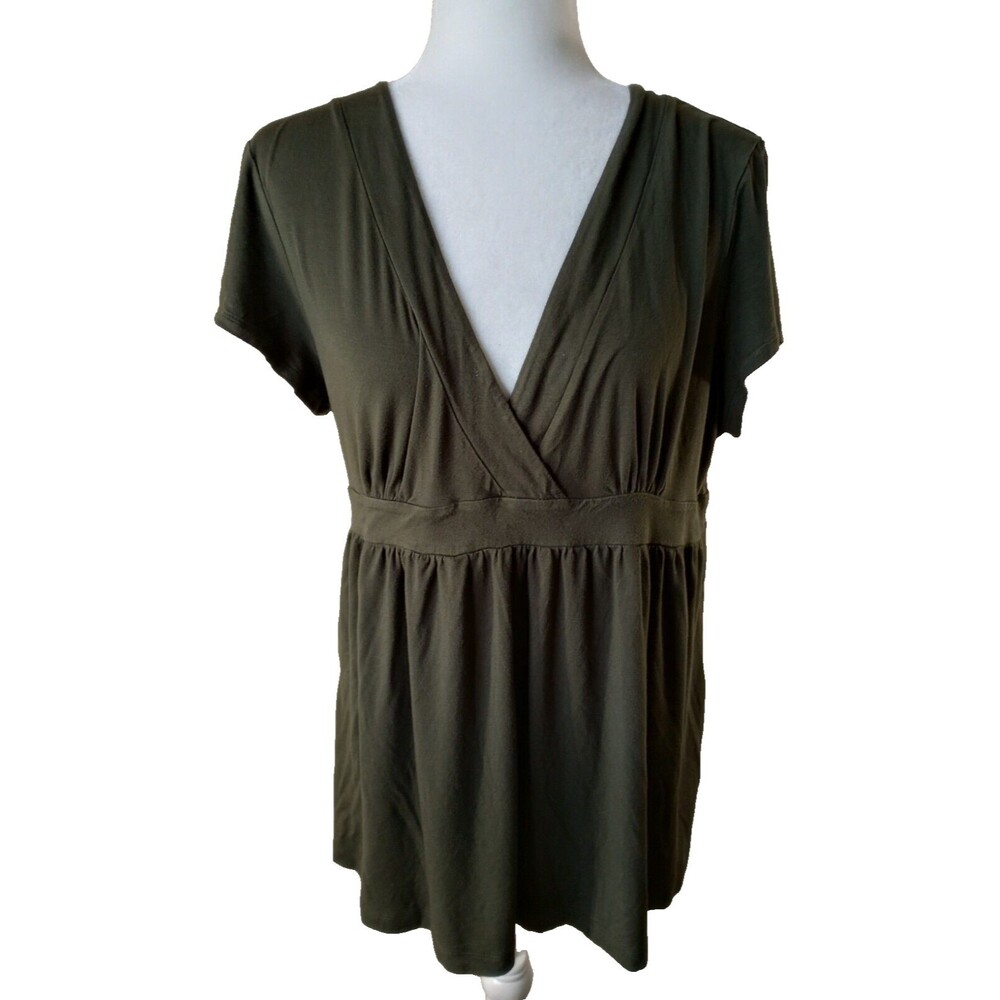 Banana Republic Long Shirt Women's XL Dark Green V-Neck Cap Sleeve Stretch Top